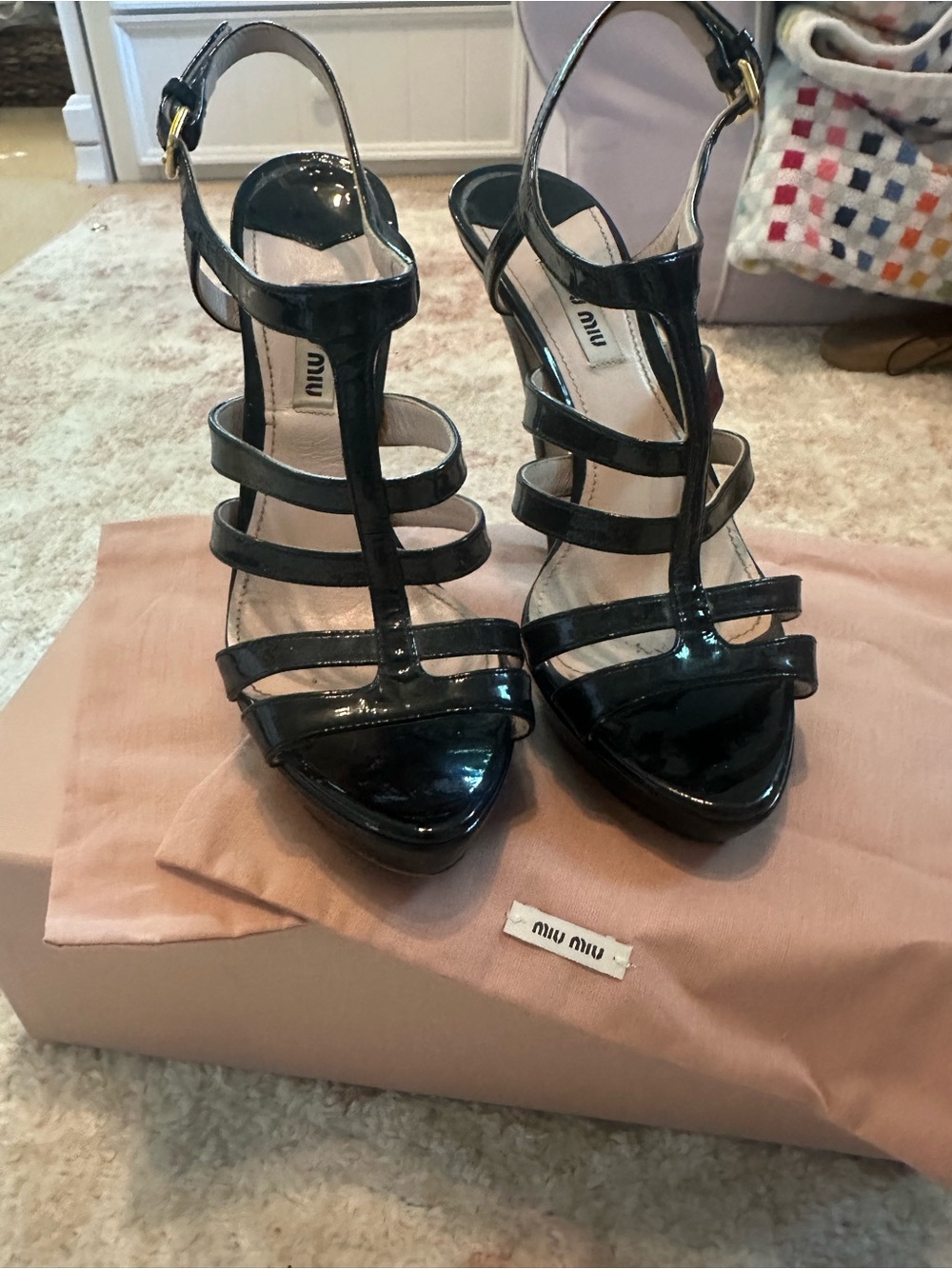 Miu Miu Black Patent Leather Strappy T‑Bar High Heels